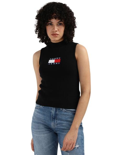 tommy hilfiger black viscose solid women slim fit tank sweater