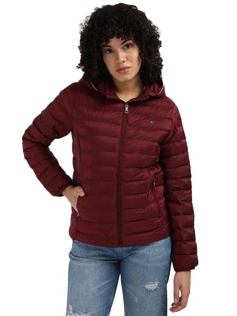 tommy hilfiger purple polyester solid women regular fit padded jacket