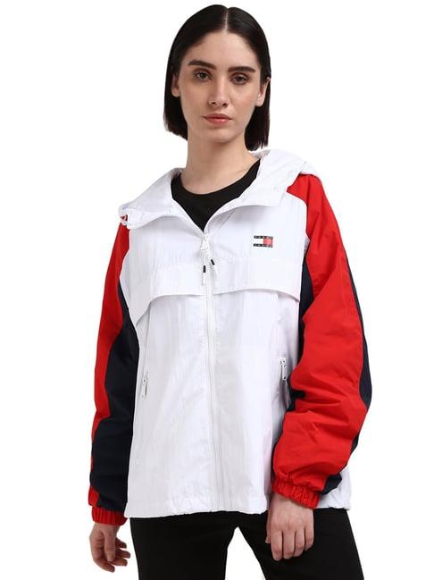 tommy hilfiger white nylon colorblock women regular fit windbreaker jacket