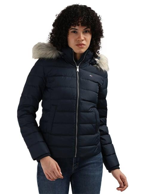 tommy hilfiger blue polyester solid women slim fit padded jacket