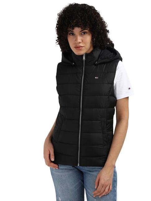 tommy hilfiger black polyester solid women slim fit padded jacket