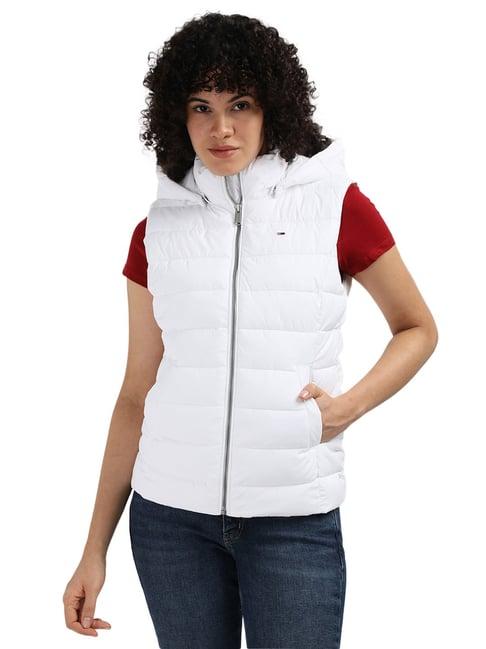 tommy hilfiger white polyester solid women slim fit padded jacket