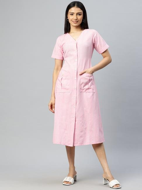 cottinfab pink & white cotton striped shirt dress