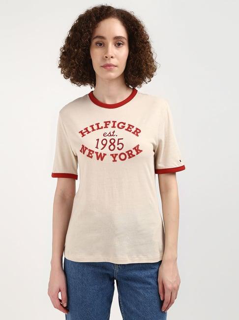 tommy hilfiger classic beige printed pure cotton women's t-shirt