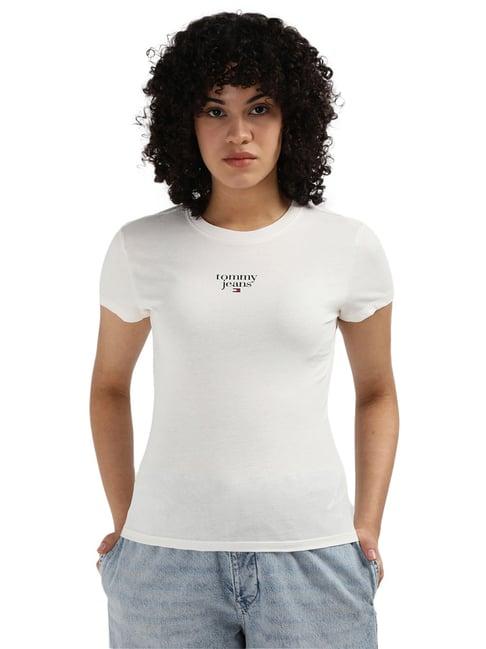 tommy hilfiger white cotton printed women slim fit t-shirt