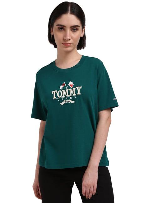 tommy hilfiger green pure cotton embroidered women regular fit t-shirt