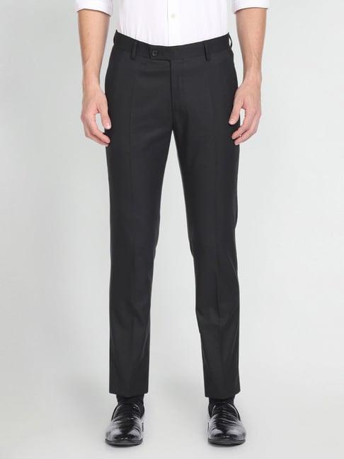 arrow black regular fit self pattern trousers