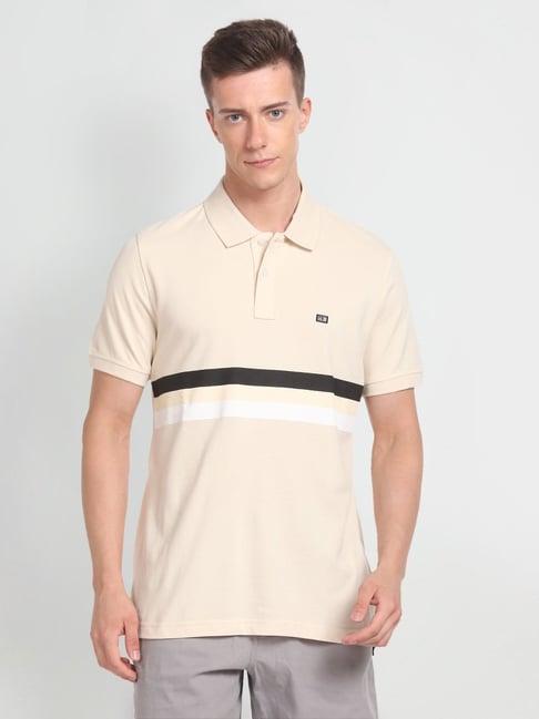 arrow sports beige cotton regular fit striped polo t-shirt