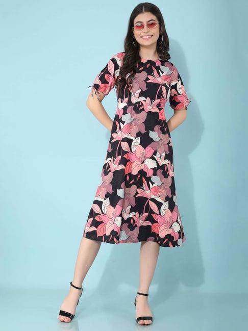 crimsoune club black & pink floral print a-line dress