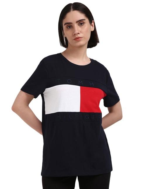 tommy hilfiger navy blue cotton printed women regular fit t-shirt