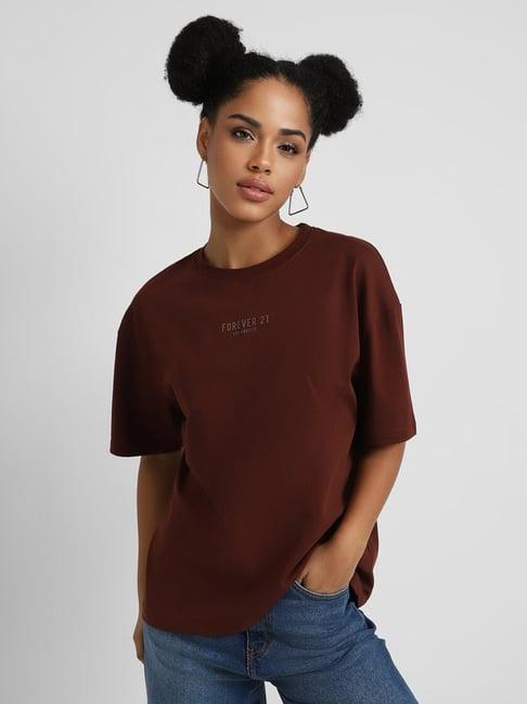 forever 21 brown cotton printed t-shirt