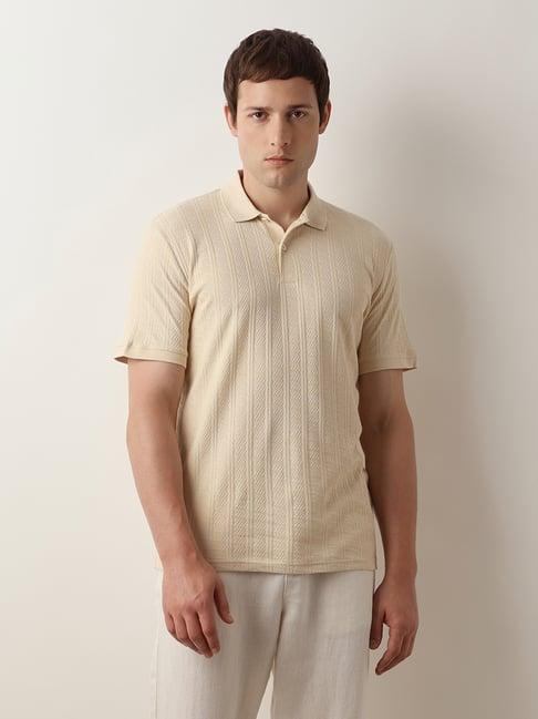 selected homme beige slim fit self design cotton polo t-shirt