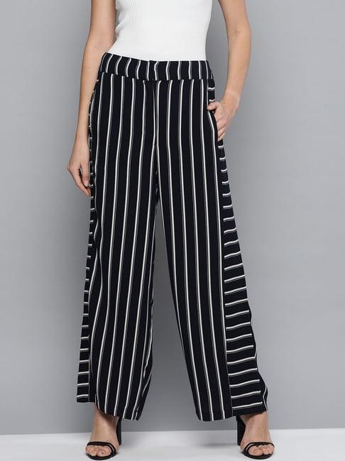 marie claire women navy blue colour striped regular trousers