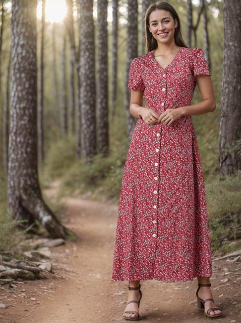 rare women red colour maxi floral dress