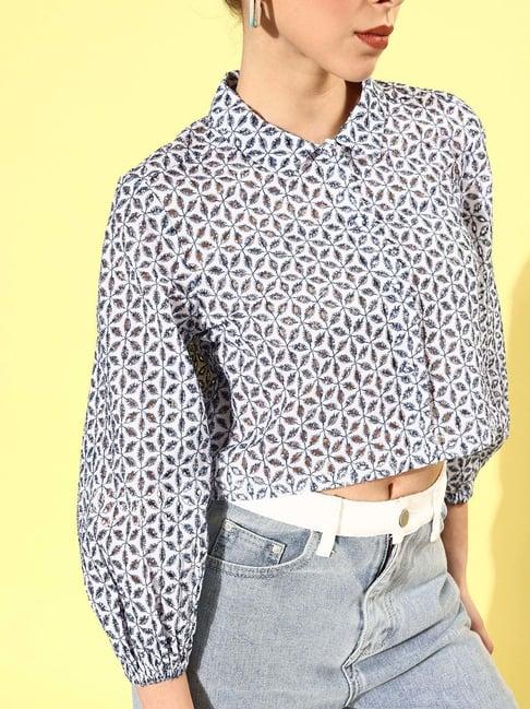 kassually white & blue embroidered cropped shirt