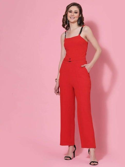 kassually red plain jumpsuit