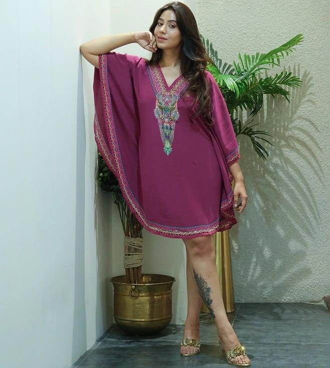 first resort by ramola bachchan wine silk embellished tunic