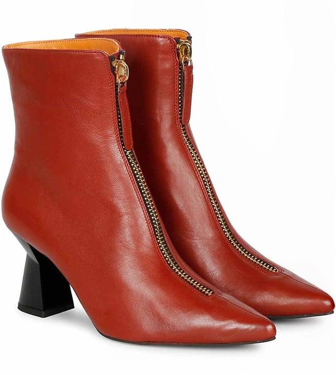 saint g rust rose leather front zipper pointed toe heel boots