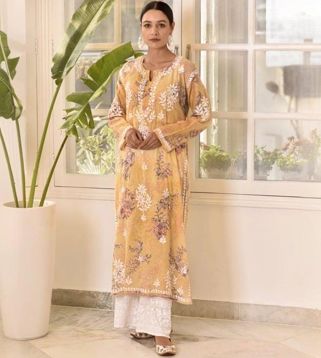 house of chikankari orange embroidered straight kurta