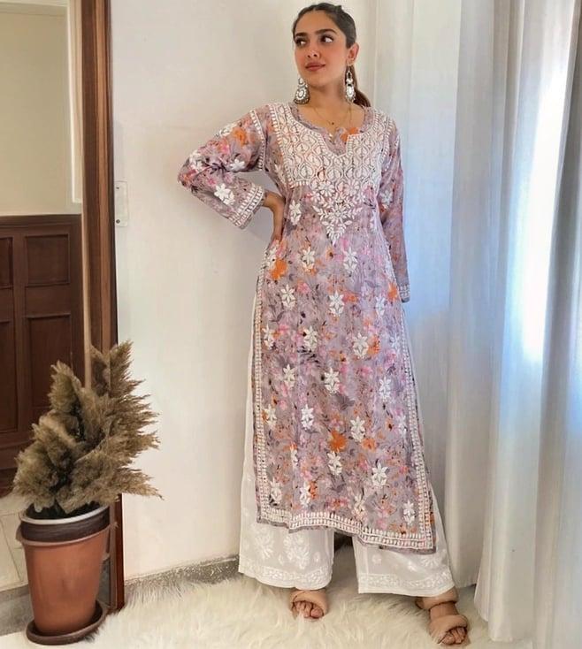 house of chikankari grey & orange embroidered straight kurta