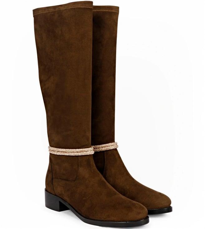 saint g marisa golden cord string brown stretch suede long boots