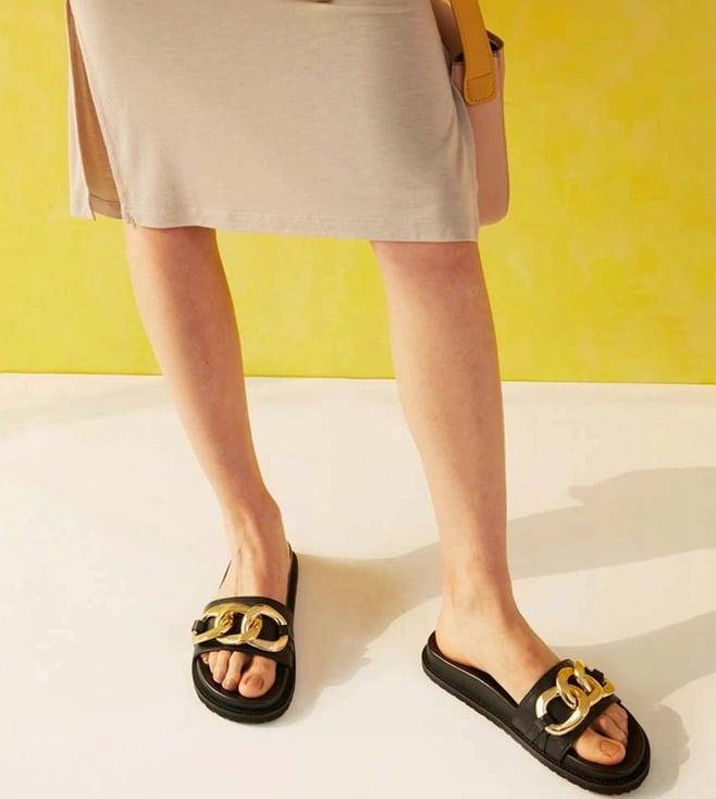 saint g kiera black leather flat slides