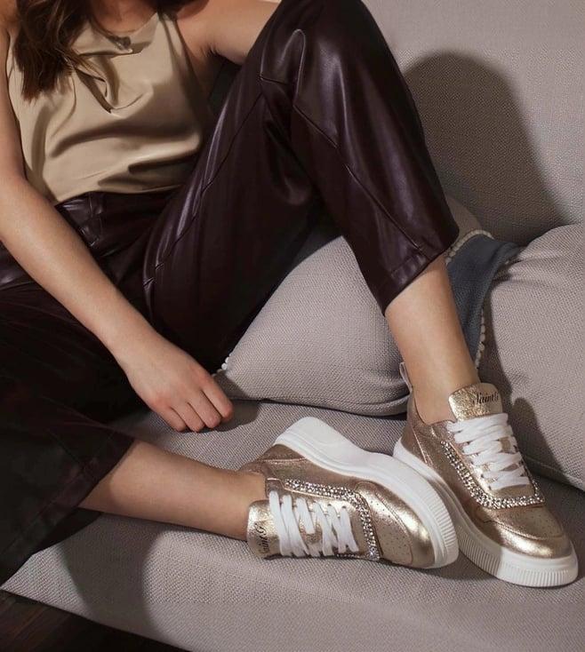 saint g letitia crystal embellished gold metallic leather sneakers