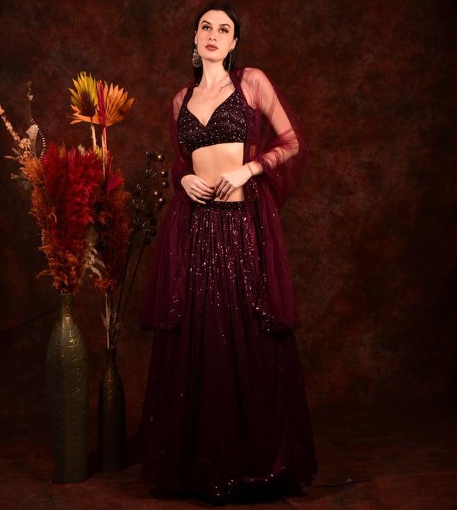 laalzari maroon sequins crop top with skirt and dupatta