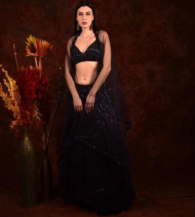 laalzari navy blue sequins crop top with skirt and dupatta