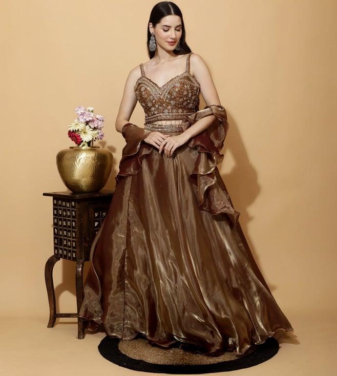 laalzari golden crop-top with skirt with ruffle dupatta