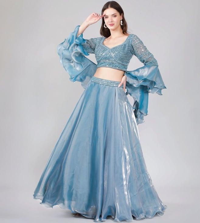 laalzari powder blue crop-top with skirt with ruffle dupatta