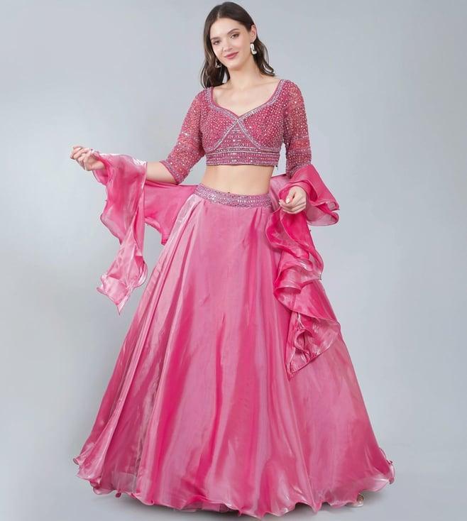 laalzari rose pink crop-top with skirt with ruffle dupatta