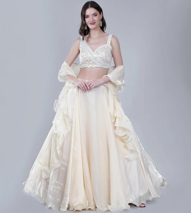 laalzari off white crop-top with skirt with ruffle dupatta