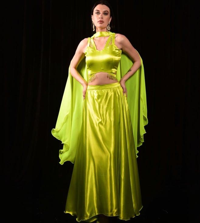 laalzari neon green crop-top with skirt and neck band dupatta