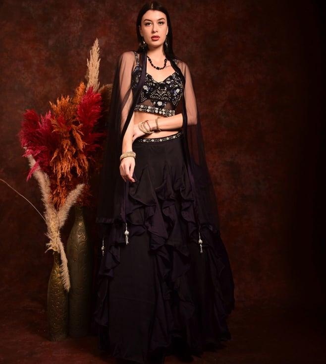 laalzari dark wine embroidered crop-top with skirt and dupatta