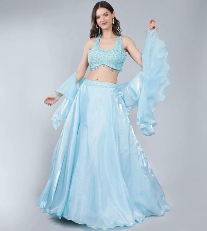 laalzari sky blue crop-top with skirt