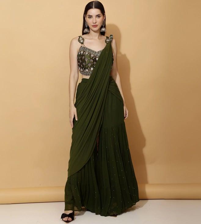 laalzari hunter green crop top with palazzo saree