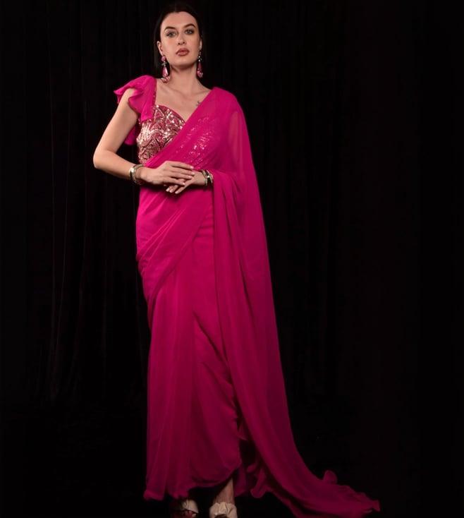 laalzari hot pink embroidered crepe saree