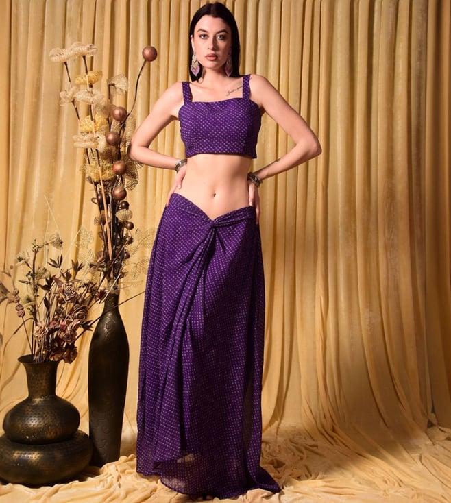 laalzari purple bandhini printed crop top skirt