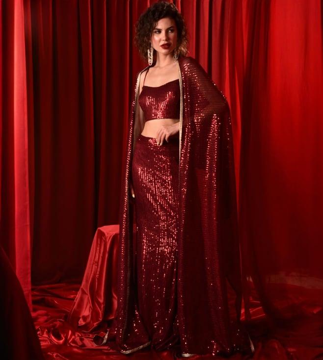 laalzari maroon sequin crop top with skirt and dupatta