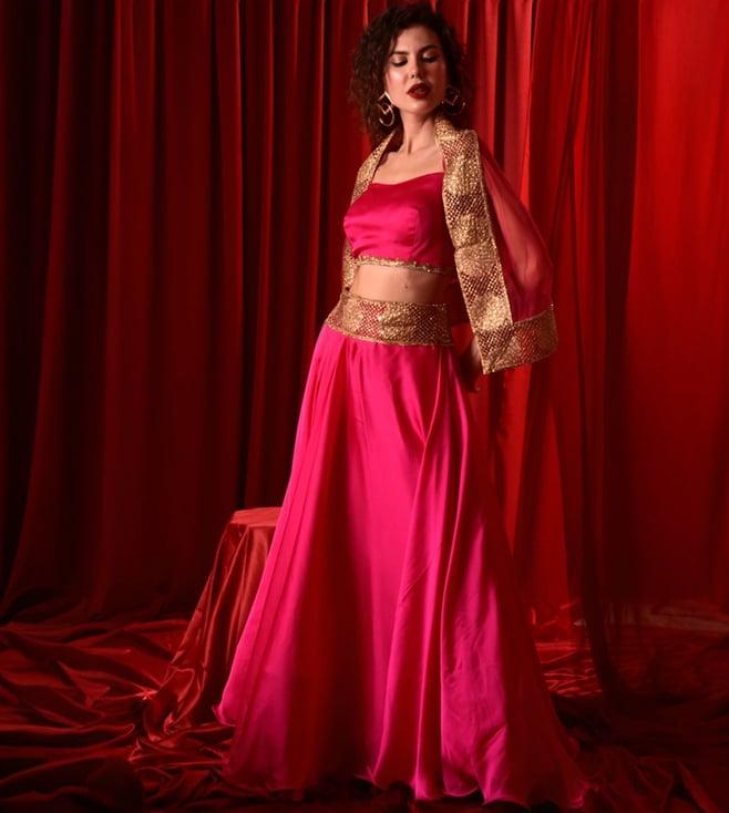 laalzari magenta crop top with skirt and dupatta