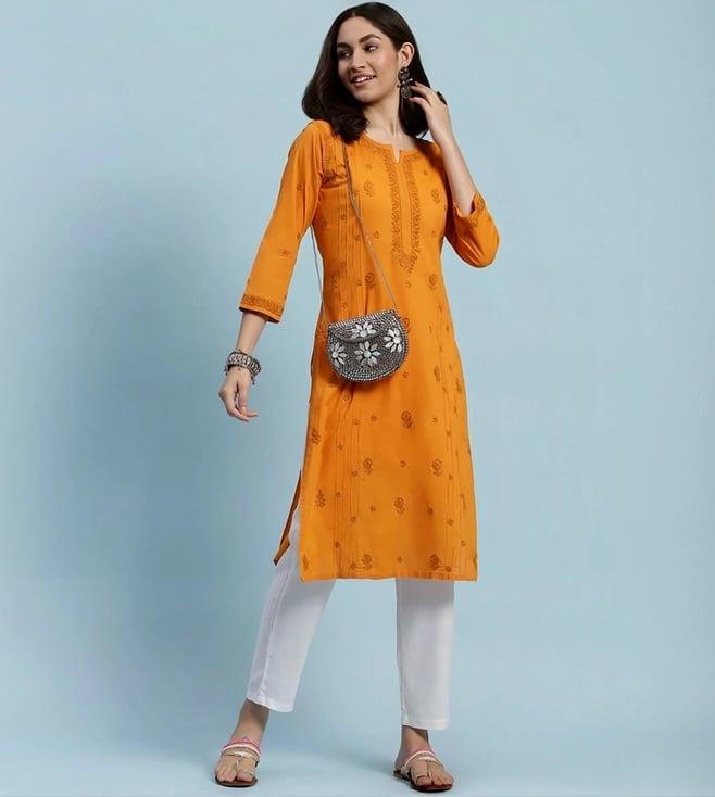 house of chikankari yellow cotton embroidered straight kurta