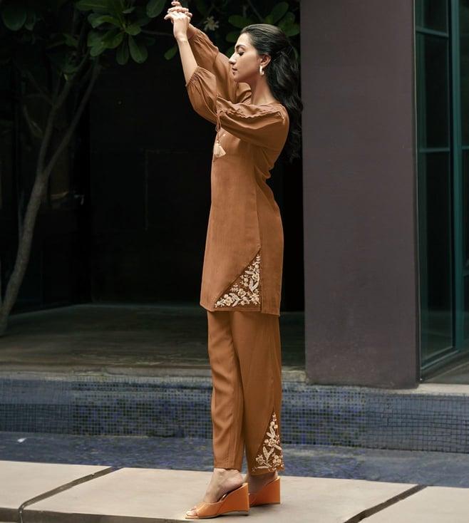 autumnlane bhumi brown embroidery tunic with pant co-ord set