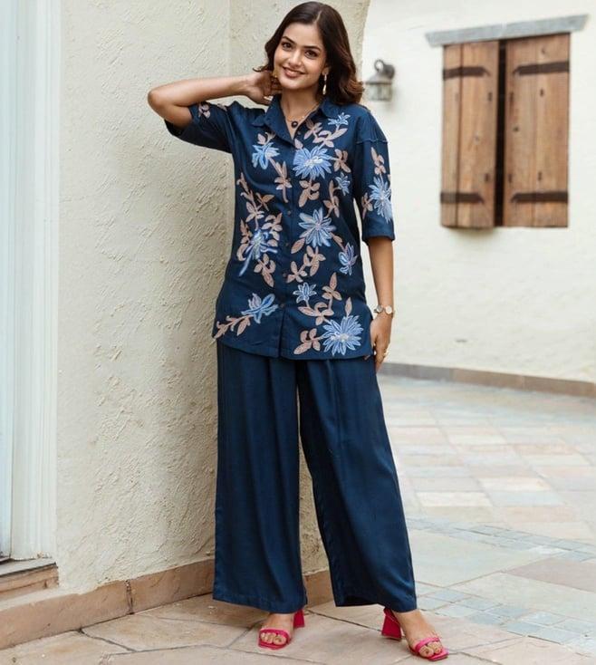 autumnlane blue osho indigo embroidery cotton tunic with pant co-ord set