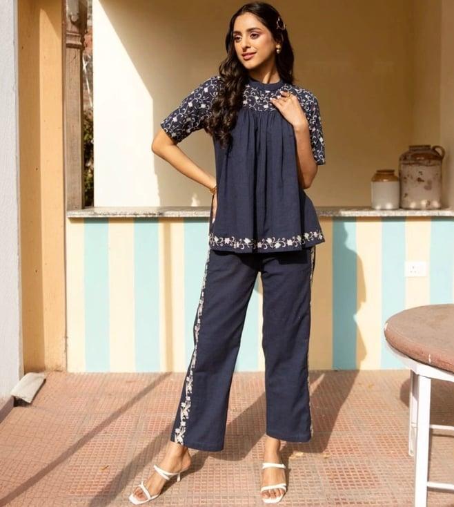 autumnlane blue osho azure embroidery cotton tunic with pant co-ord set