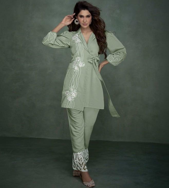 autumnlane green selena pasteli embroidery tunic with pant co-ord set