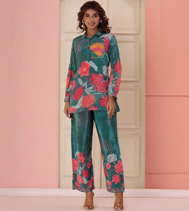 autumnlane green dhwani emerald digital print pure crepe premium tunic with pant co-ord set