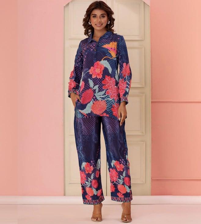 autumnlane navy blue dhwani indigo digital print pure crepe premium tunic with pant co-ord set