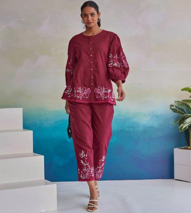 autumnlane maroon tushki cherry embroidery top with pant co-ord set