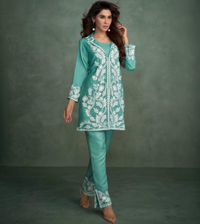 autumnlane turquoise aviva ocean embroidered tunic with pant co-ord set